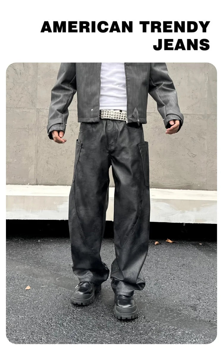 men brand fashion splice pocket loose casual wide leg leather baggy pant cityboy streetwear cargo motorcycle pants trousers unique cargo style 2569
