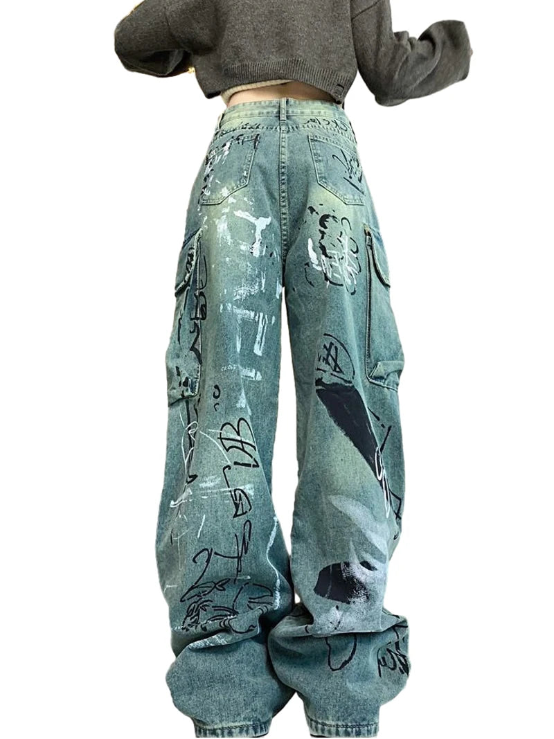 graffiti printed denim jeans unisex side pocket straight cargo jean trousers hip hop streetwear casual loose joggers jeans pants unique joggers style 3704