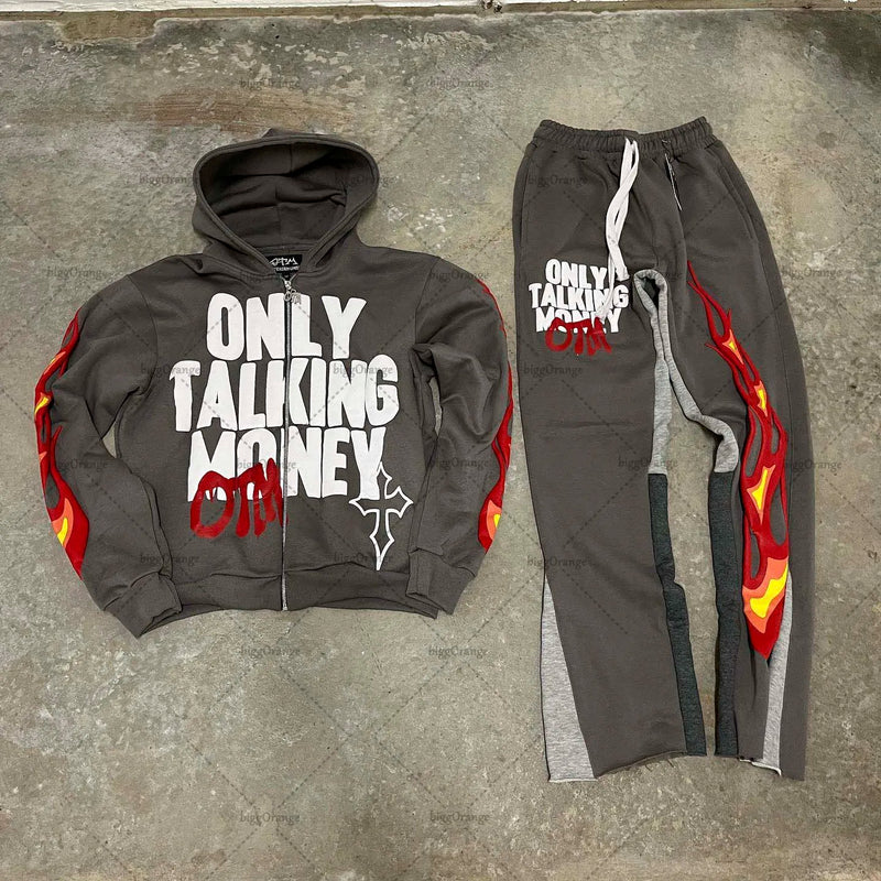 American Fashion Gothic Flame Letter Print Oversized Hoodie Mens Y2K S