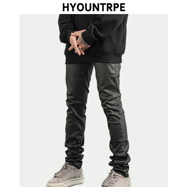 men pants high street wax coating pant casual streetwear hip hop zipper trousers harajuku fashion slim fit skinny pants joggers casual joggers