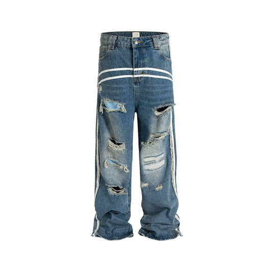 High Street White Striped Washed Hole Baggy Jeans for Men and Women Distressed Damaged Vintage Casual Denim Trousers Oversized