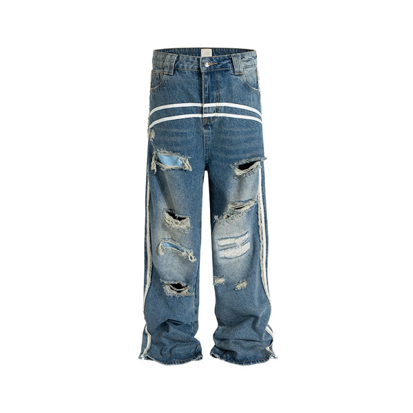 High Street White Striped Washed Hole Baggy Jeans for Men and Women Distressed Damaged Vintage Casual Denim Trousers Oversized