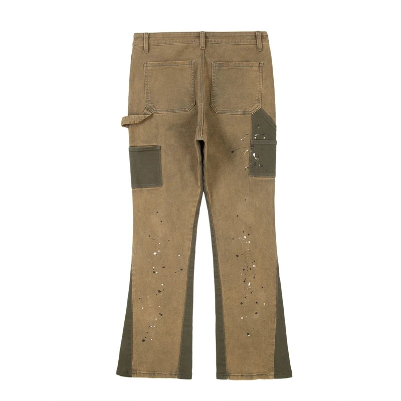 swag hip hop speckle ink flare jeans streetwear patchwork mens cargo jean pants washed logging trousers jeans male jeans overall unique cargo style 284
