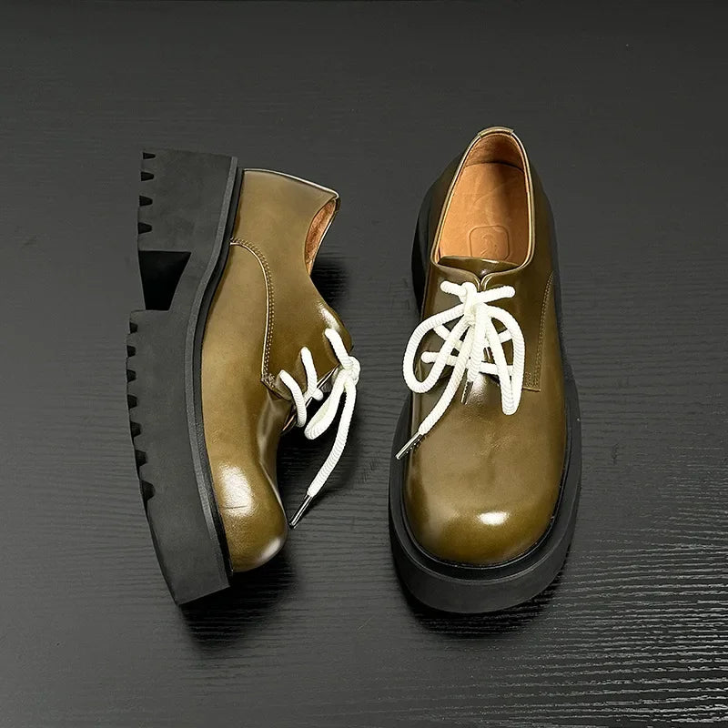 Men Genuine Leather Streetwear Fashion Casual Real Derby Shoes Male Vintage Japan Korean Cityboy Cow Leather High Heels Shoes