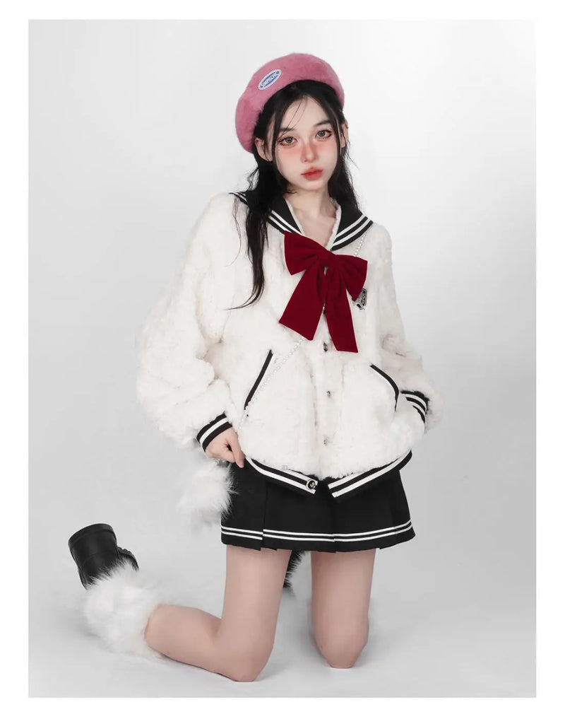 Harajuku Sweet Thicknecked Bow College Coat Woman Zip Up Hoodie Sailor