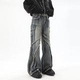 high street jeans mens spring autumn rough edge splicing design trendy denim pants multiple pockets punk cowboy flared trousers unique jeans style 421