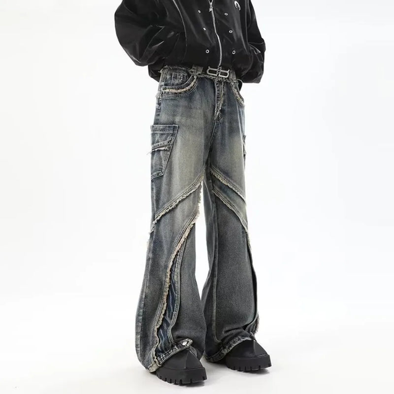 high street jeans mens spring autumn rough edge splicing design trendy denim pants multiple pockets punk cowboy flared trousers unique jeans style 421