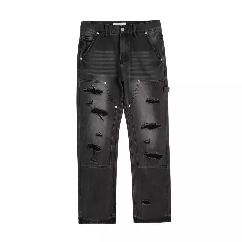 high street distressed black hole washed destroyed jeans casual ripped logging pants straight wide leg denim pants for men unique jeans style 79