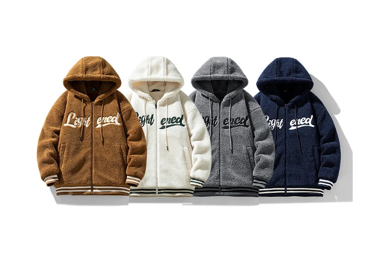 men fleece jackets and coats casual letter embroidery hairy zipper hooded outerwear warm streetwear parkas loose bomber jacke - variant style 06572b for streetwear fashion