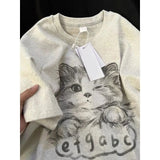 Sadcore Aesthetic piece – Korean Summer Men And Women Trend Personalized Cat Print Rou