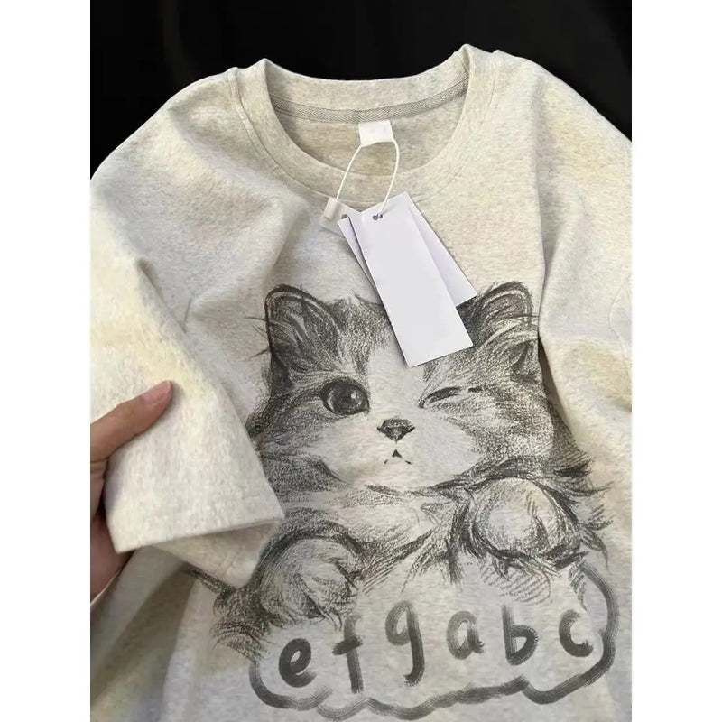 Sadcore Aesthetic piece – Korean Summer Men And Women Trend Personalized Cat Print Rou