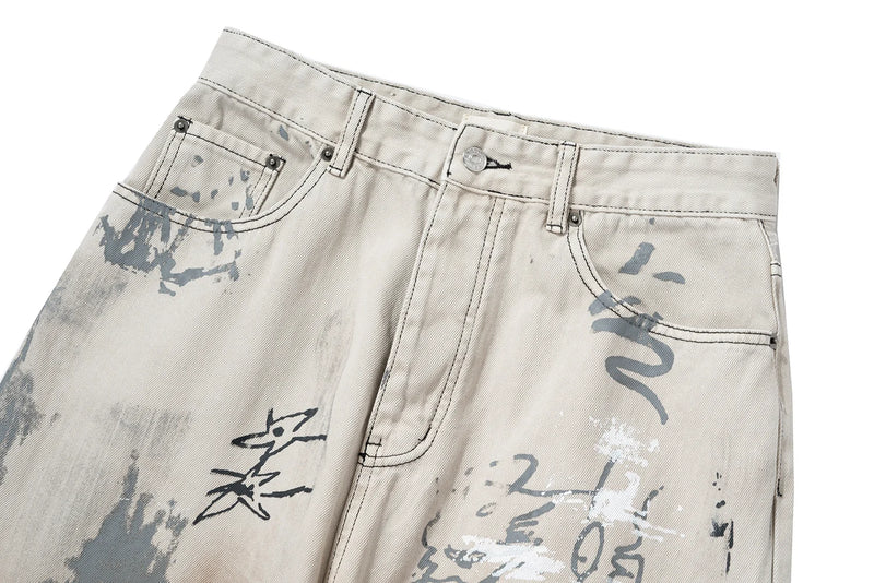 hand painted graffiti washed baggy jeans for men and women y2k streetwear pantalones hombre casual denim trousers oversized unique jeans style 6014