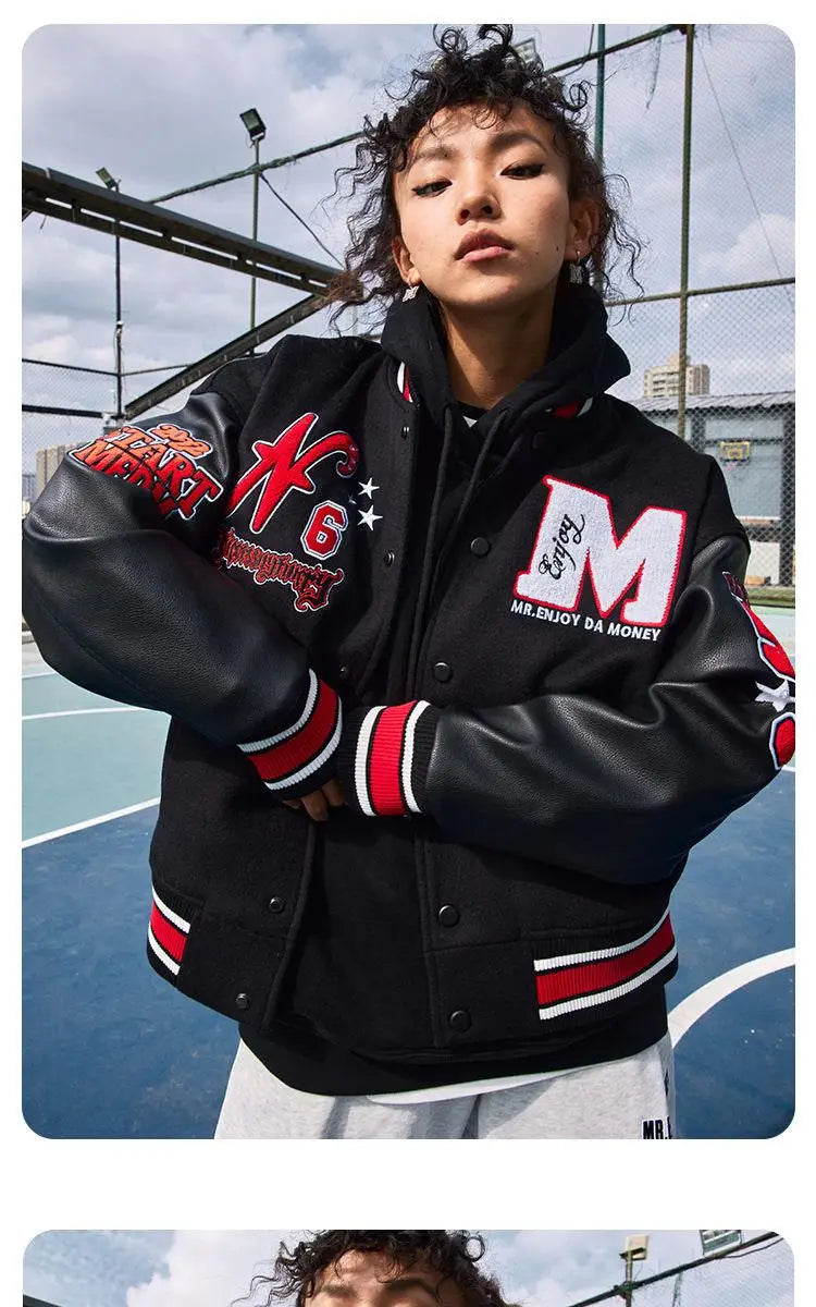 leather varsity coat, fall winter style, men's streetwear fashion, oversized urban jacket, high quality cold-weather coat