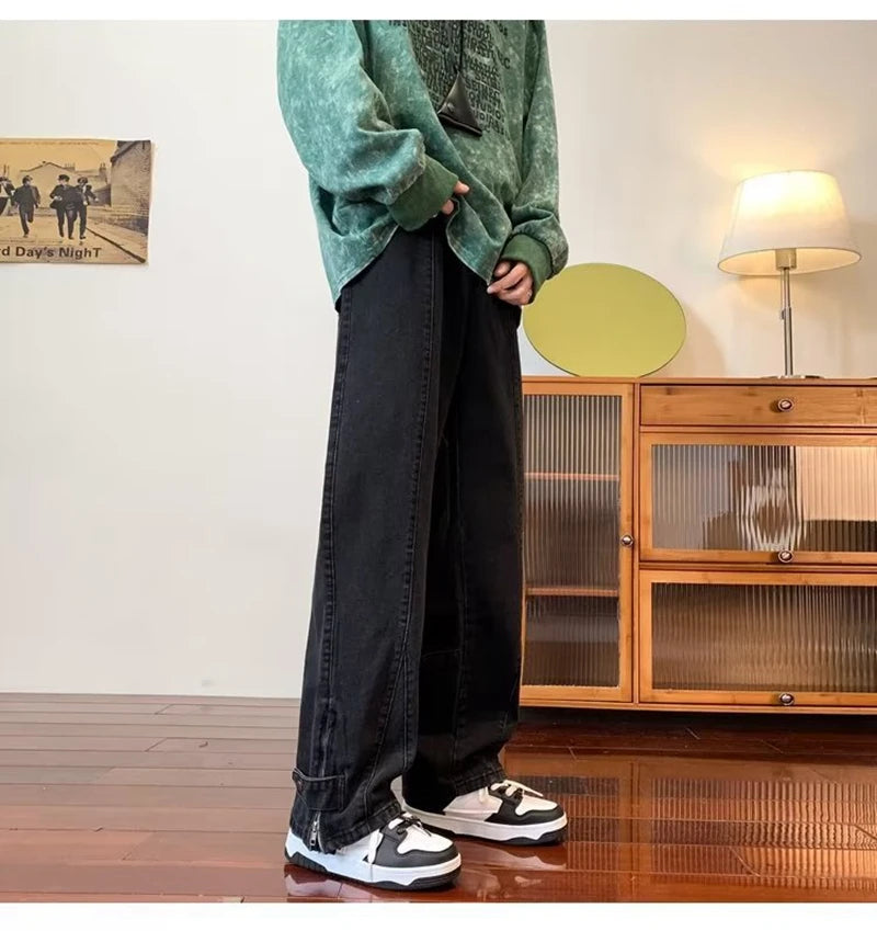 2023 korean fashion ankle zipper vintage brown men jeans pants luxury straight hip hop casual denim trousers pantalones hombre unique jeans style 253
