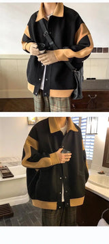Winter Contrasting Color Splicing Jacket Mens Loose And Versatile Thic