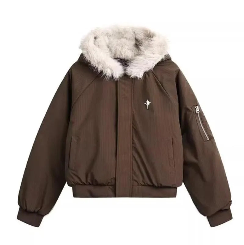 Winter American Street Hooded Parkas Mens New 2024 Thickened Trendy Fur Collar Cotton Jackets Warm Zipper Pocket Fluffy Coats