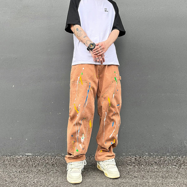streetwear mens baggy wide jeans pants vintage color spray painting straight leg denim pants men hip hop speckle ink washed jean stacked flare jeans