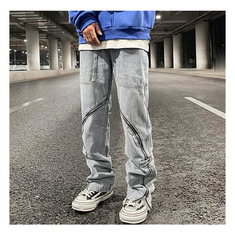 fashion denim straight pants hip hop jeans with zipper streetwear trousers new summer casual joggers men designer jeans for men unique joggers style 1152