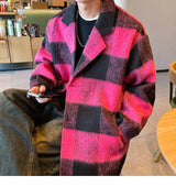 Plaid Woolen Trenchcoat Men Autumn Winter Fashion Retro Streetwear Suit Collar Loose Casual Trendy Trench Coat Outerwear