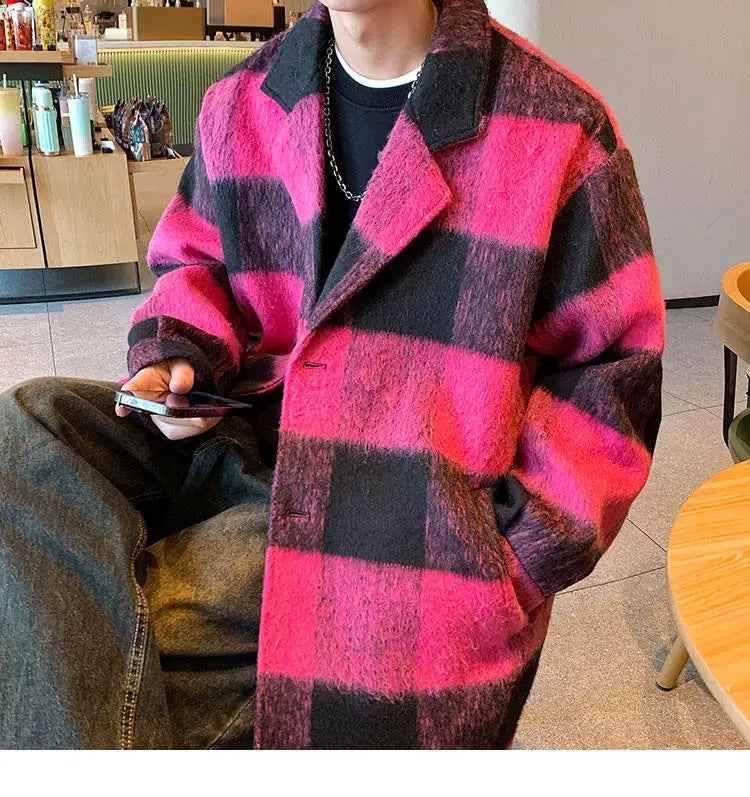 Plaid Woolen Trenchcoat Men Autumn Winter Fashion Retro Streetwear Suit Collar Loose Casual Trendy Trench Coat Outerwear