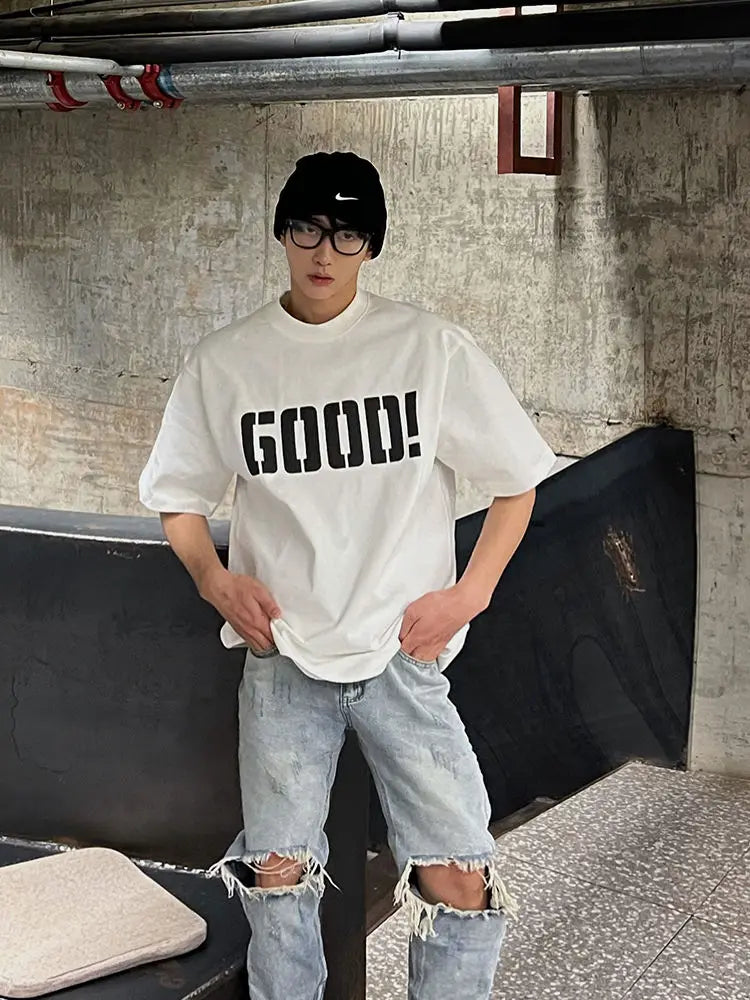 Y2k Trendy hip-hop men and women street personality GOOD print round neck short sleeved couple loose Harajuku retro casual top