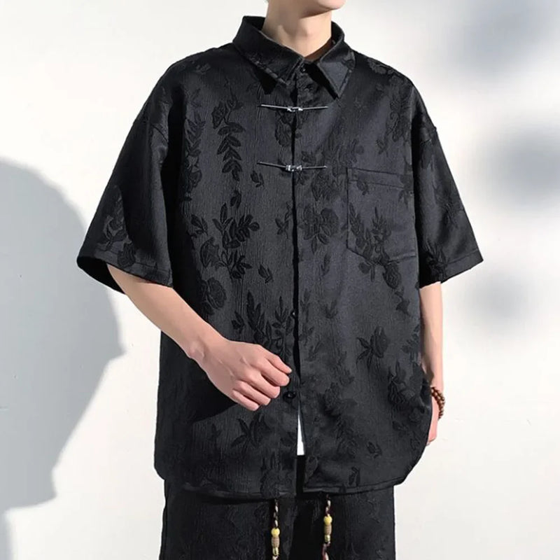 Mens Chinese Loop Buckle Jacquard Design Shirt Daily Casual Personality Versatile Loose Short-sleeve Tops Unisex 2024 Summer