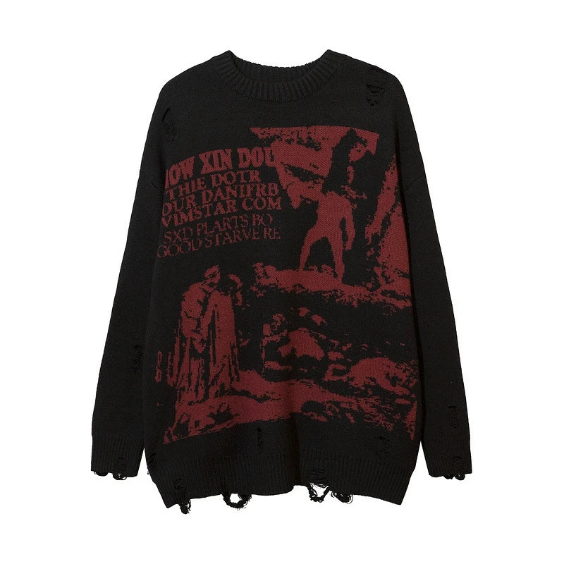 ripped goth women y2k men sweaters vintage black oversized knitted sweater harajuku anime fashion winter 2023 knit tops pullover urban wear with bold artwork, unique limited edition hoodie, aesthetic street look hoodie