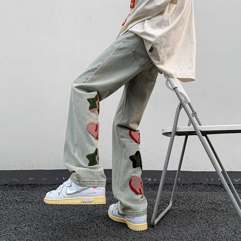2023 summer new light luxury fashion pants star embroidered jeans mens straight slim pants boutique clothing simple style unique jeans style 3959