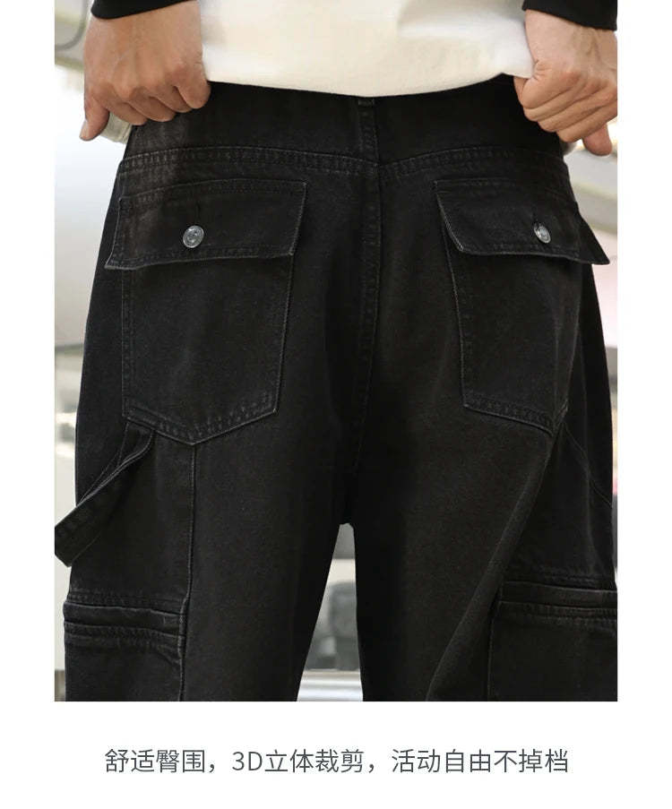 men american streetwear fashion loose casual hip hop wide leg black denim baggy jeans pants man y2k cargo jeans trousers unique cargo style 2332
