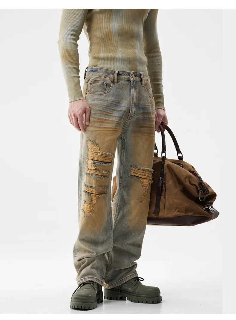 men patch hole distressed plus size denim pant ripped jeans streetwear fashion hip hop vibe loose casual baggy jeans trousers 40 unique jeans style 3181