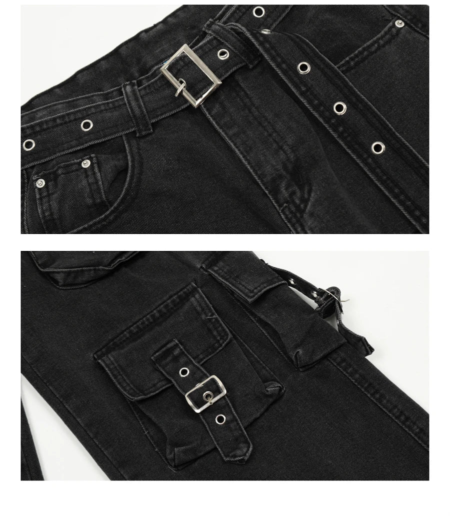 fashion loose streetwear cargo denim jeans unisex casual multi pocket straight jean pants with belt hip hop joggers baggy jeans unique joggers style 3718