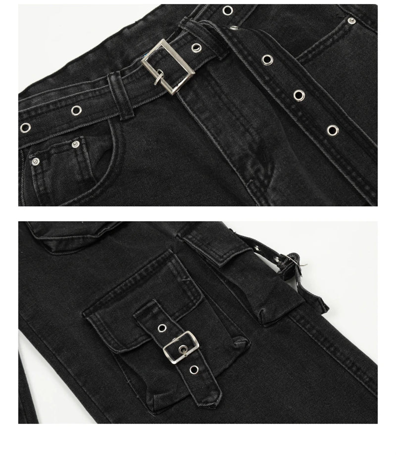 fashion loose streetwear cargo denim jeans unisex casual multi pocket straight jean pants with belt hip hop joggers baggy jeans unique joggers style 3718