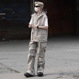 summer casual sleeveless set men hip hop loose hooded vest pockets straight leg cargo pants 2 piece outdoors sports camp suit baggy cargo bottoms