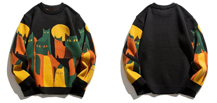 fashion knitted sweater mens autumn winter o neck cats pattern pullover streetwear unisex casual loose sweaters jumper knitwear - oversized streetwear hoodie, vintage look oversized hoodie, Y2K grunge street style