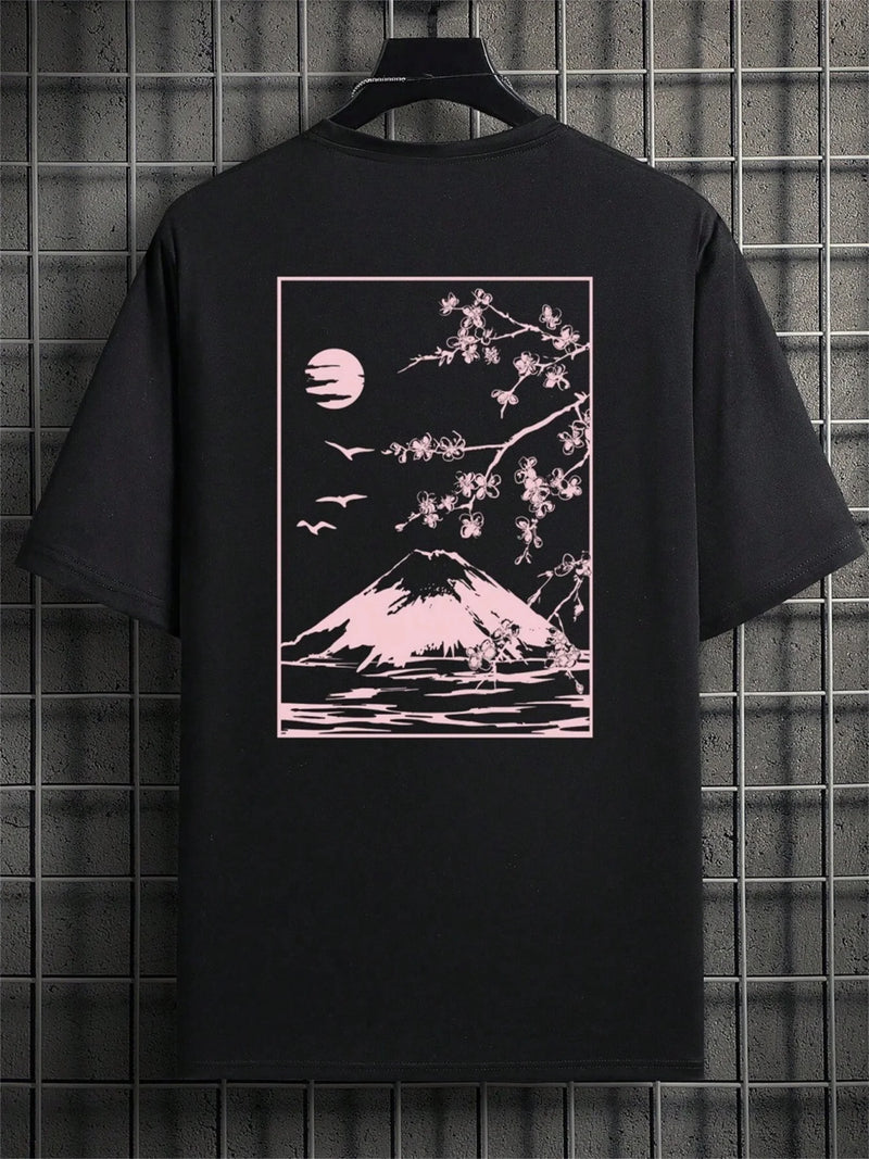 grunge streetwear top featuring 2024 tops sakura mount fuji print casual round neck t shirt for summer