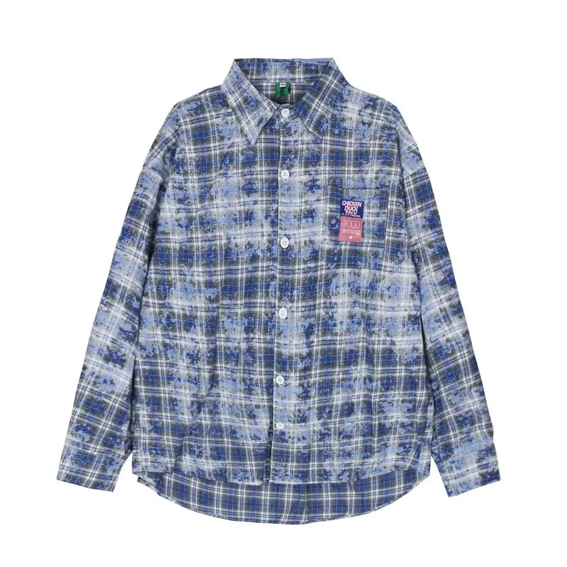 spring street fashion set mens blue plaid printed shirt color blocking trendy jeans 2 pcs set retro college suit male new unique jeans style 4687