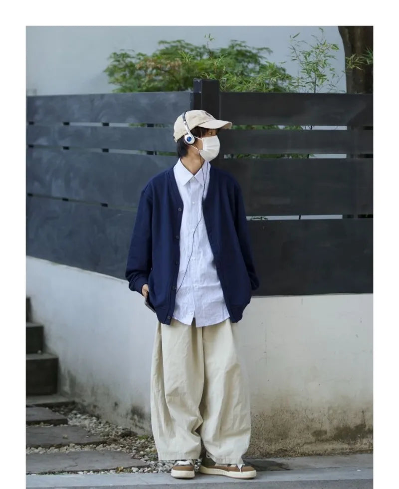 mens casual 2 pcs sets fake two pieces cotton shirt corduroy street wide leg pants sets japanese college retro couples suit unique default style 4556