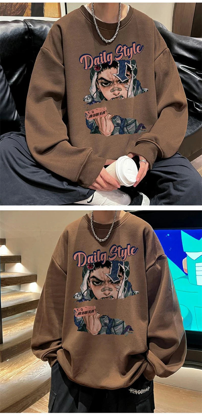 New Anime Boy Printed Mens Crewneck Sweatshirts Autumn Y2K Vintage Fleece