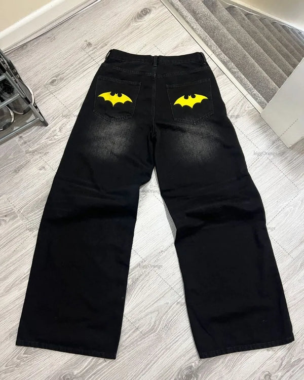 american style baggy oversized jeans y2k harajuku retro hip hop streetwear gothic bat pattern casual straight wide leg pants men stacked flare jeans
