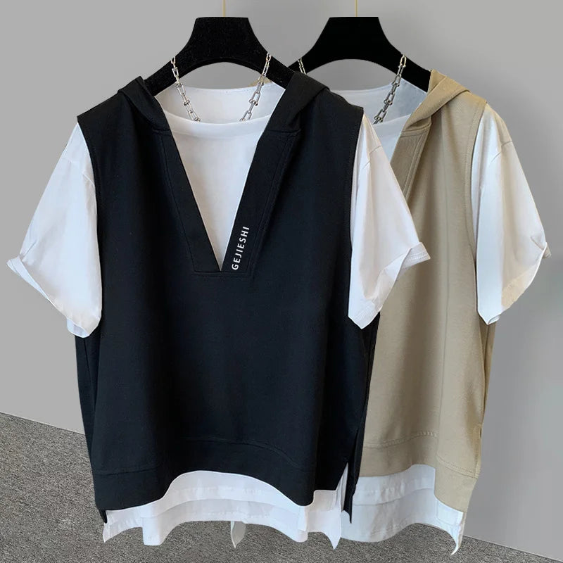 Harajuku Chrome print – Summer Fake Two Piece Hooded T Shirts For Men Letter Embroid