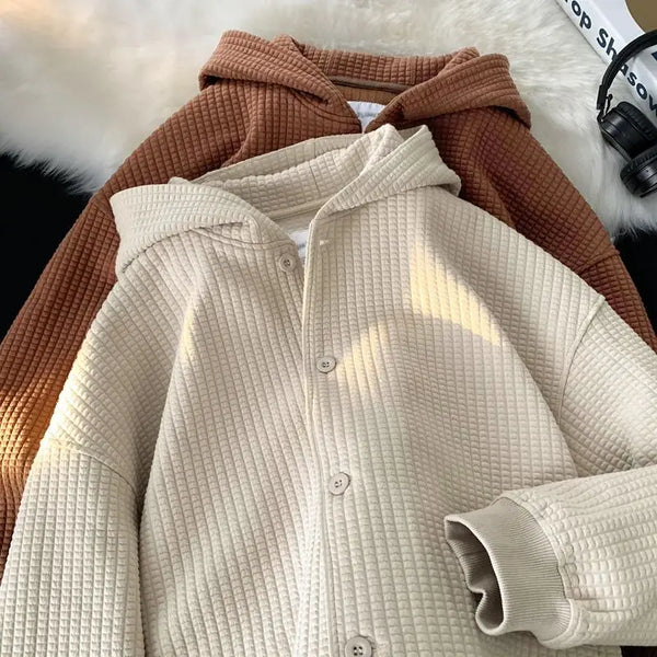 Korean Retro Y2K Waffle Hooded Jacket for Men and Women Ins Harajuku Style Casual Loose Couple Wear Cardigan Sweatshirt