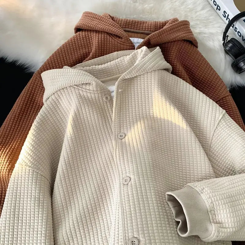 Korean Retro Y2K Waffle Hooded Jacket for Men and Women Ins Harajuku Style Casual Loose Couple Wear Cardigan Sweatshirt
