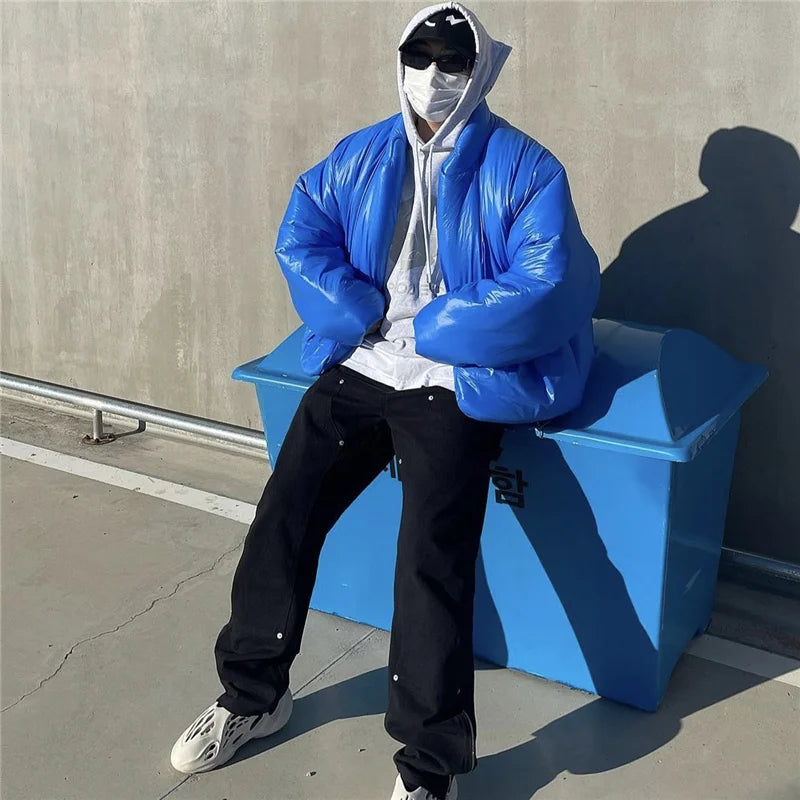 trendy coat featuring kanye 2023 new high quality fashion high street plastic 3d cotton coat black blue design – premium quality jacket for men