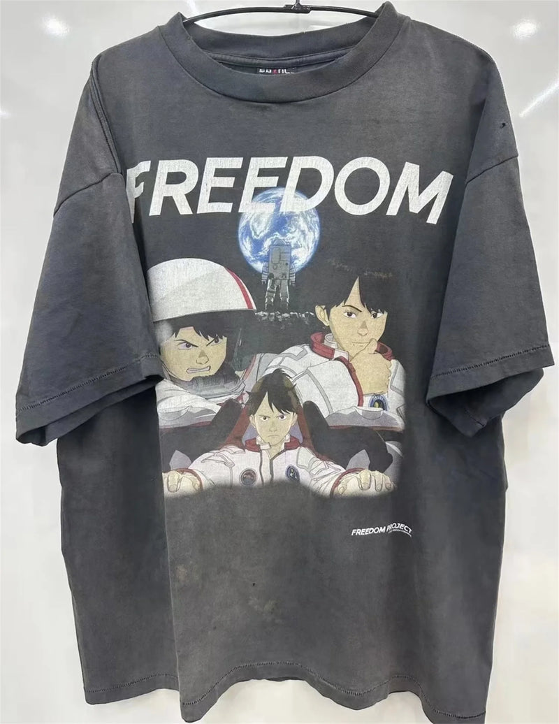 Summer Vintage Retro Anime Portrait Print High-Street Casual Loose Cotton Tops T-Shirt