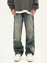 retro washed denim jeans destroyed ripped loose mens biker jeans side pocket fashion streetwear hip hop straight pants joggers urban active pants