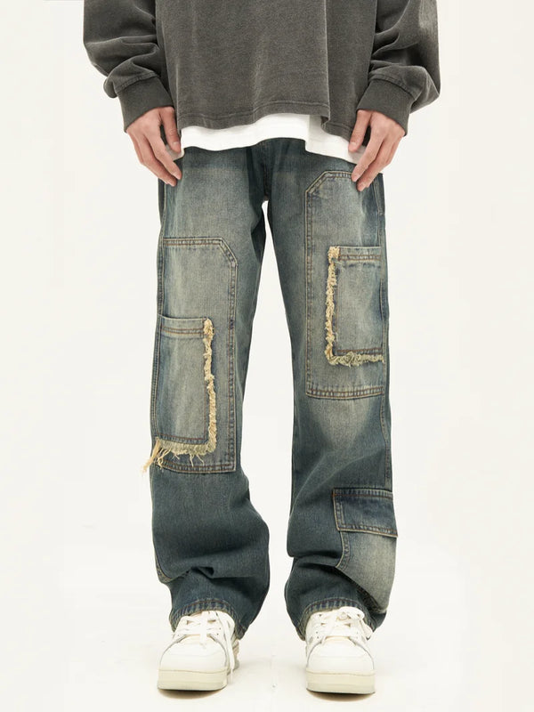 retro washed denim jeans destroyed ripped loose mens biker jeans side pocket fashion streetwear hip hop straight pants joggers urban active pants