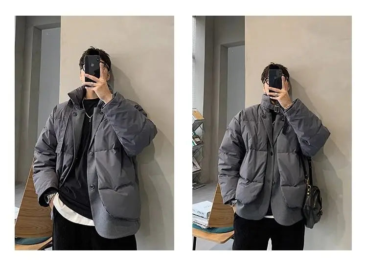 Korean street trend men and women retro personality fake two piece design couple winter loose thick casual jacket top harajuku