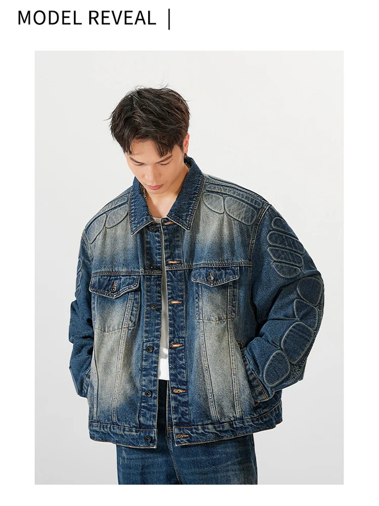 urban fashion featuring 2024 spring autumn new oversized armor padded jean coat for men turtle shell ripped denim jacket for men super size clothes design – premium quality jacket for men