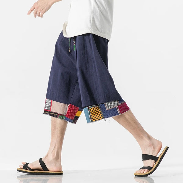 mens summer thin linen shorts loose straight mens pants japanese patchwork wind over the knee beach pants relaxed fit shorts