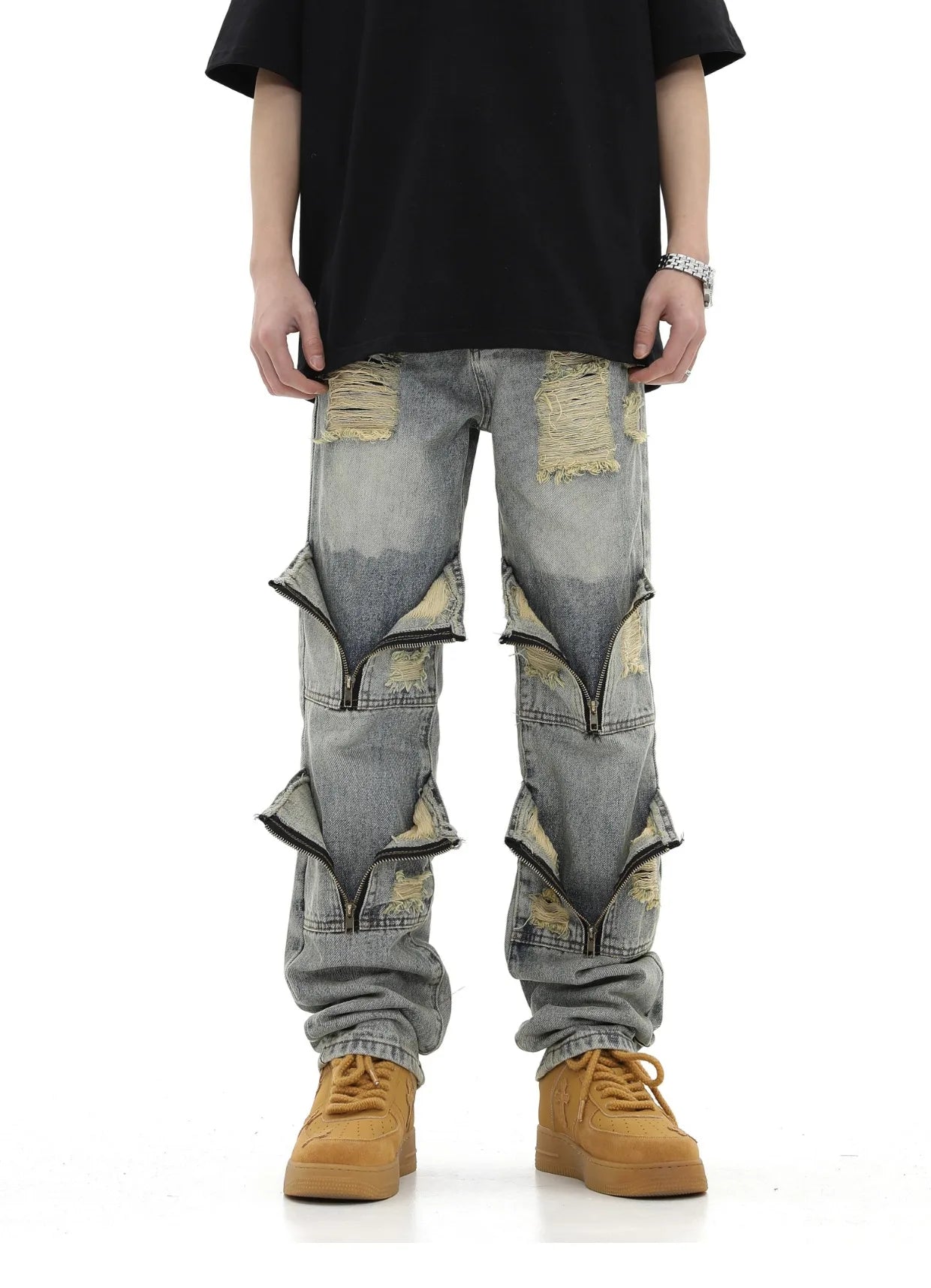 high street zipper open decoration biker jeans women ripped denim straight jean pant men motorcycle trouser unisex hip hop pants unique jeans style 3649